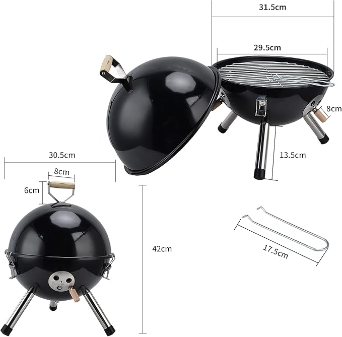 Tyenaza Charcoal Grill, Portable Spherical Grill with 3-Point Locking Lid for Heat Preservation, Dual Venting System