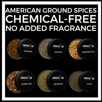 Wood Chips for Cocktail Smoker 4 oz tins. Apple, Hickory, Cherry, Bourbon Soaked Oak, Maple, Mesquite, Cinnamon, Thyme, Rosemary, Lemon Peel, Grapefruit Peel and Lavender (All 12 Flavors)