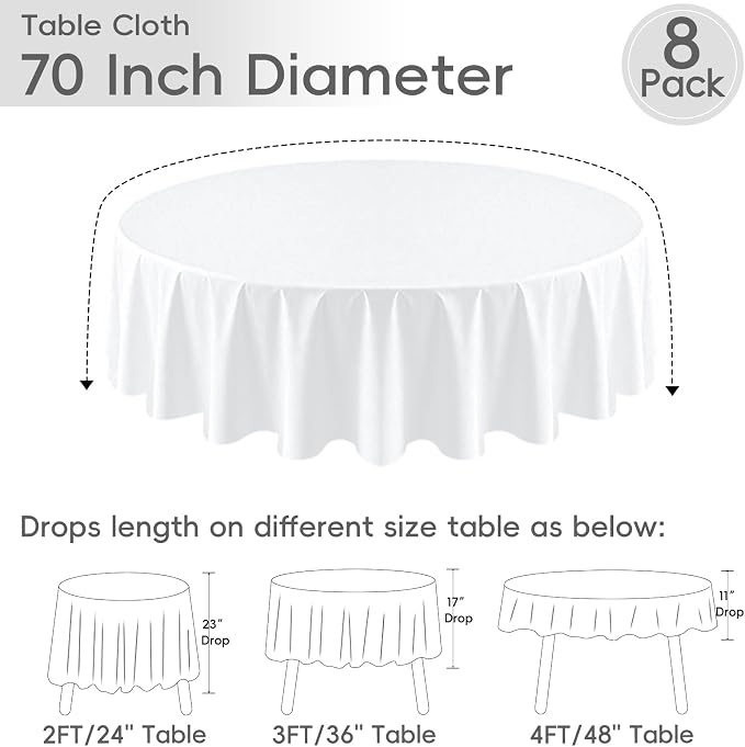 8 Pack White Round Tablecloth 70 Inch | For 2Ft-3Ft Round Table, Wrinkle Resistant Table Cloth, Washable Polyester Fabric, For Wedding Party Banquet Buffet Camping