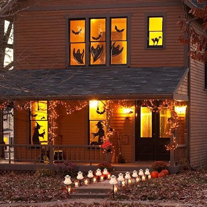 GOOTHY Halloween Ghosts Pathway Marker Lights, 4 White Ghosts with 4 Stakes, 7Ft Extendable Pathway String Lights, Waterproof for Halloween Lawn Walkway Driveway Markers