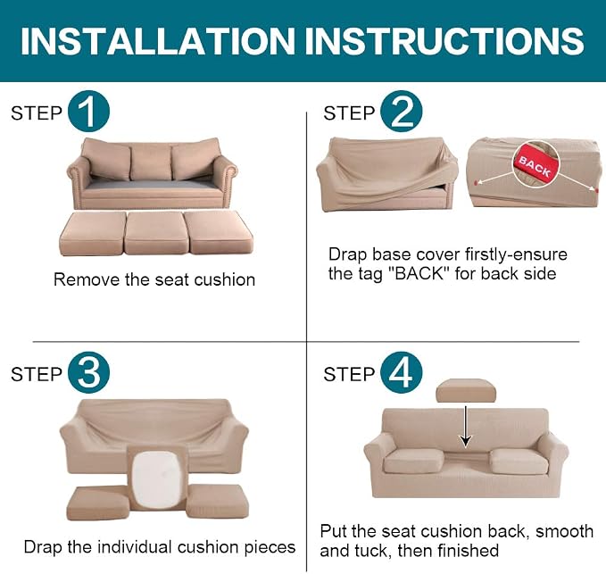 Turquoize 4 Piece Sofa Covers for 3 Cushion Couch Sofa Slipcover Soft Couch Cover for Dogs-Washable Sofa Furniture Covers with 3 Individual Large Cushion Covers, Feature Thick Fabric (XL Sofa, Sand)