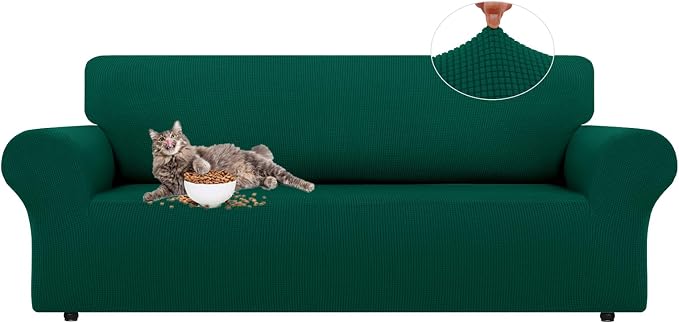 LURKA Stretch Sofa Slipcovers 1 Piece Couch Covers for 3 Cushion Couch Sofa Furniture Protector Full Sofa Covers with Elastic Bottom for Kids and Dog (Dark Green, Large)