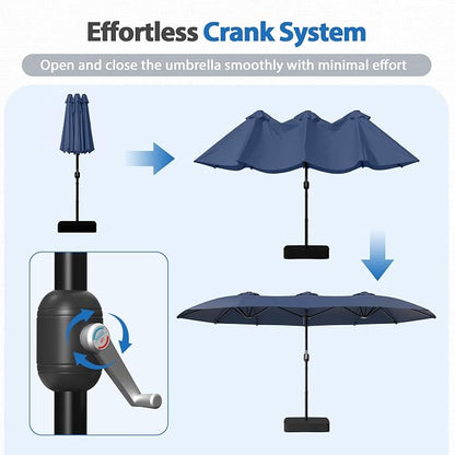HOPERAN 15FT Patio Umbrella with Base Included, Large Outdoor Double-Sided Rectangle Table Umbrella with Easy Crank Lift, Market Umbrella for Backyard, Pool&Garden