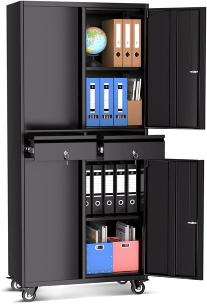 Metal Storage Cabinet, 73'' with Wheels, Lockable Doors, 2 Drawers, and Adjustable Shelves for Garage, Workshop or Office - Black