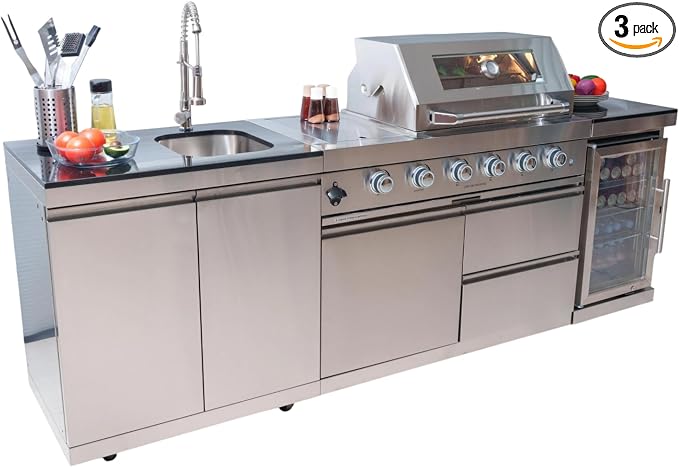 BBQ Island Outdoor Kitchen Kits, 4-Burner 72000 BTU Stainless Steel Modular 98 Inch Natural Gas Outdoor Kitchen Bar Barbecue Island Grill with Refrigerator and Sink for Patio Backyard