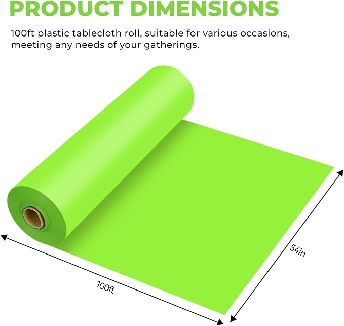 54 Inch X 100 Feet Plastic Table Cover Roll Premium Disposable Plastic Tablecloth for All Type/Shape Tables | Picnic, Party, Banquet, Birthdays, Weddings (Lime Green, 54 Inch X 100 Feet)