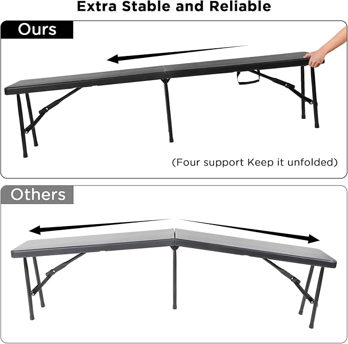 Roowest Black Folding Bench 6 Feet Plastic Outdoor Portable Foldable Bench Seat Eating with Carrying Handle for Dining Camping Picnic BBQ Sports Garden Indoor Outdoor Patio Activities