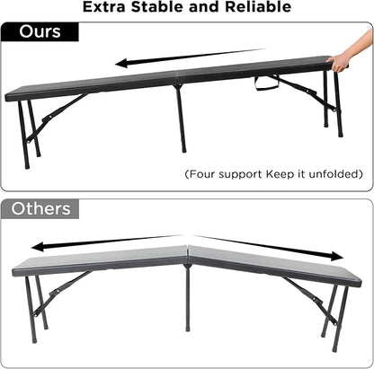 Roowest Black Folding Bench 6 Feet Plastic Outdoor Portable Foldable Bench Seat Eating with Carrying Handle for Dining Camping Picnic BBQ Sports Garden Indoor Outdoor Patio Activities