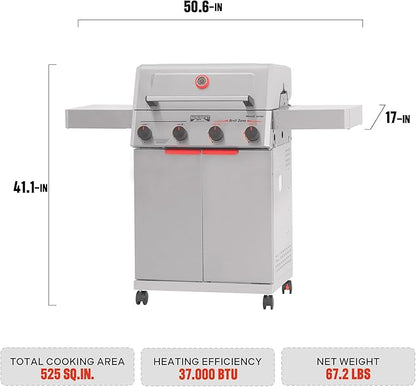 Monument Grills 4 Burner Stainless Steel Propane Gas Grill M2, 500°F in 5 Mins, 525 sq.in, 37,000 BTU, with Broil Zone, Foldable Side Shelves, Knob Controls, Built in Thermometer, with Cooking Plate