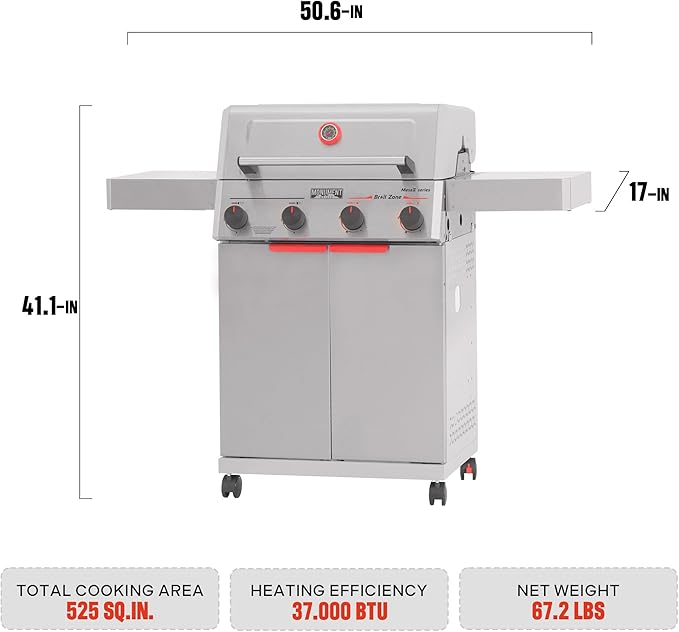 Monument Grills 4 Burner Stainless Steel Propane Mesa 2 Gas Grill, 500°F in 5 Mins, 525 sq.in, 37,000 BTU, Broil Zone, Foldable Side Shelves, Knob Controls, Built in Thermometer, with Grill Cover