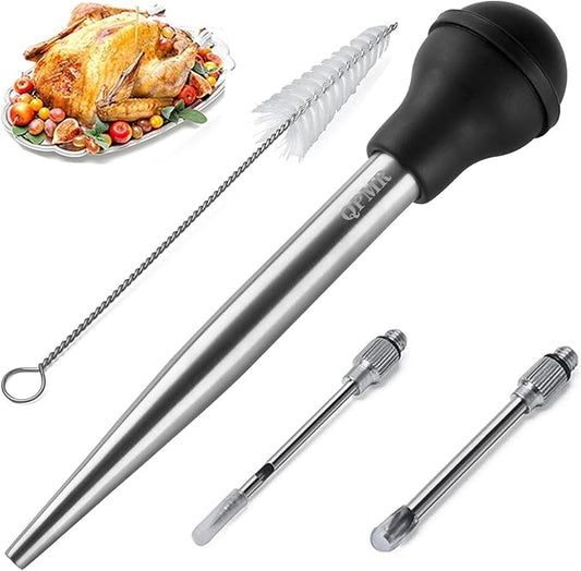 QPMR Turkey Baster With Cleaning Brush, Stainless Steel Baster Tool for Cooking-Baster Syringe for Roaster Turkey, Include 2 Meat Marinade Injector Needles for Thanksgiving