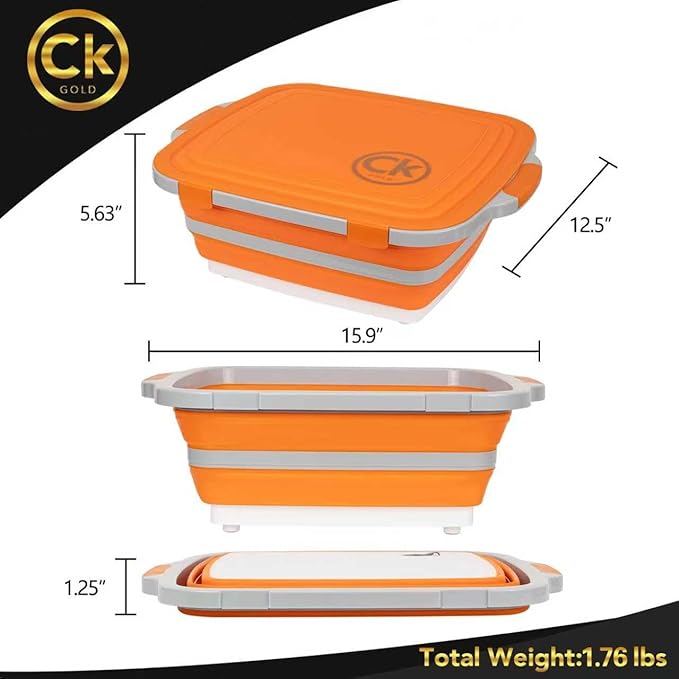 Collapsible BBQ Prep Tub - Includes Cutting Board, LOCKING Lid & Strong Drain Hole for Meal Prep & Marinating | BPA-Free, Food-Grade BBQ & Meat Prep Tubs, Best Grilling Gifts (Orange, 8 L)