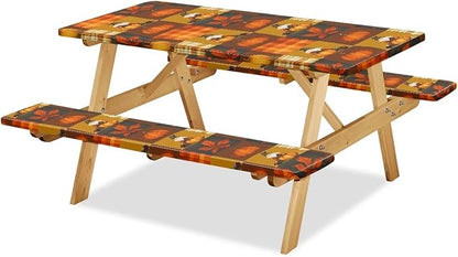 Elastic Fitted Table Cloth for Camping Party Fall Print Picnic Table Cover with Bench Covers 3 PCS for Outdoors