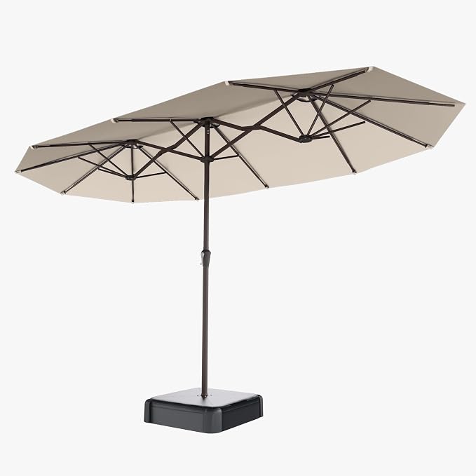 15FT Double Sided Patio Umbrella with Base Included Large Outdoor Market Umbrella with Crank Handle, UV Resistant Canopy, Sturdy Frame for Garden, Poolside, Deck, Beige