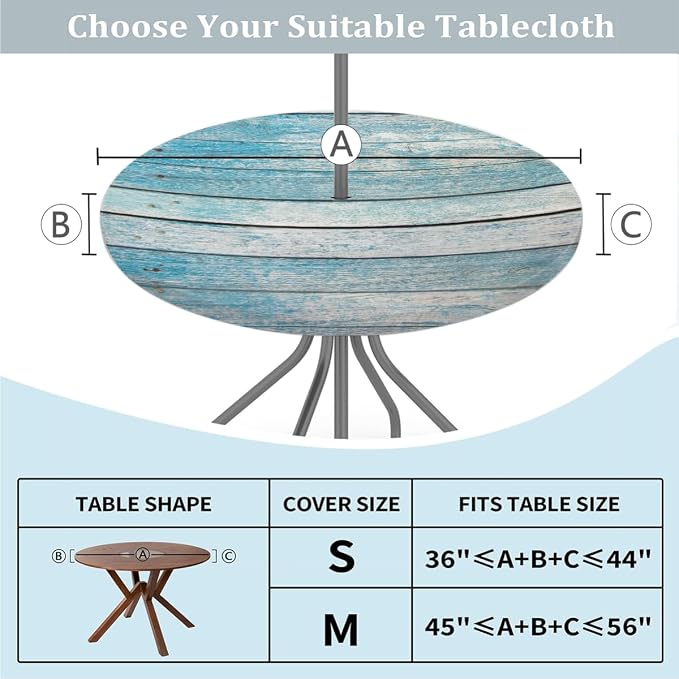 Outdoor Tablecloth with Umbrella Hole, Blue Wooden Round Fitted Table Cloth with Elastic 36"-44" Waterproof Oil-Proof Round Outdoor Tablecloth Patio Table Cover for Picnic Camping Party