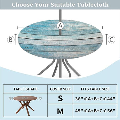 Outdoor Tablecloth with Umbrella Hole, Blue Wooden Round Fitted Table Cloth with Elastic 36"-44" Waterproof Oil-Proof Round Outdoor Tablecloth Patio Table Cover for Picnic Camping Party