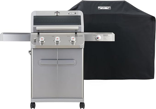 Monument Grills Mesa Series, Outdoor Barbecue Stainless Steel 3 Burner Propane Gas Grill, 48,000 BTU Patio Garden Grill with Side Burner and Knob Controls, Mesa305 with BBQ Cover