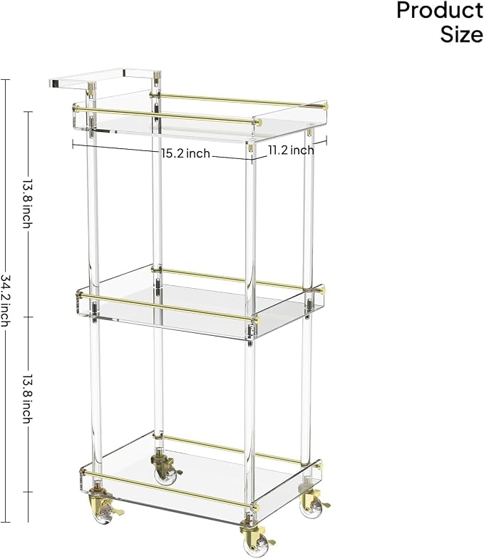 Eglaf Acrylic Bar Cart, Rolling Serving Cart with Gold Edge, Handle | 3 Tier Clear Home Bar Cart Small Bar Cart with Lockable Wheels, for Bar, Living Room, Kitchen, 15.2" L x 11.2" W x 34.2" H