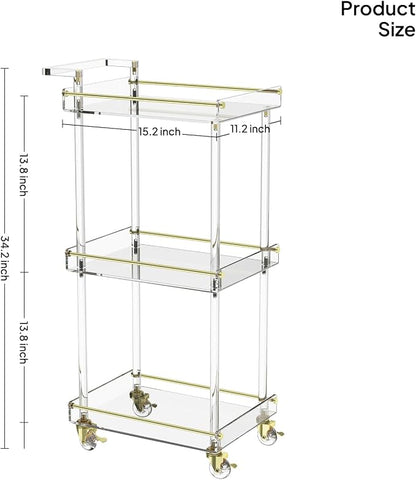 Eglaf Acrylic Bar Cart, Rolling Serving Cart with Gold Edge, Handle | 3 Tier Clear Home Bar Cart Small Bar Cart with Lockable Wheels, for Bar, Living Room, Kitchen, 15.2" L x 11.2" W x 34.2" H