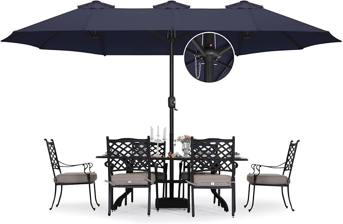 ABCCANOPY 15FT Double-Sided Rectangle Patio Umbrella with Base, Navy Blue | Rectangular Outdoor Table Umbrella with Crank, Heavy Duty Market Umbrella Shade for Garden,Poolside, Lawn, Backyard