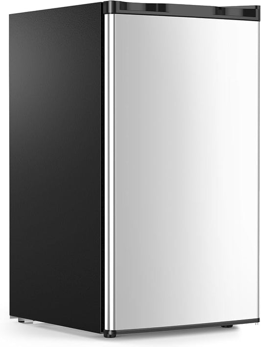 COWSAR 3.2 Cu.Ft Dorm Fridge with Freezer, Single Reversible Door Compact Refrigerator, Adjustable Thermostat, 2 Removable Shelves, Commercial Drink Fridge for Bedroom, Office, Kitchen, Dorm, Silver