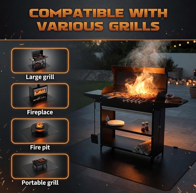 76 x 48 Grill Mat for Outdoor Grill, 32 mil Fire Resistant BBQ Pad | 32 mil XL under grill mat with fiberglass core; silicone fire coating helps protect decks, patios and fire pit areas.