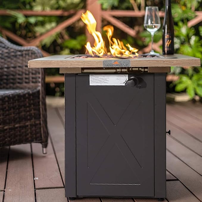 LEGACY HEATING 28 Inch Outdoor Gas Square 50000 BTU Fire Pit Table with Lid, Bionic Wood Grain Propane fire pits Tables for Outside Backyard Garden Camping Party