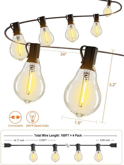 Outdoor String Lights 400FT Waterproof Patio Lights for Porch Backyard Yard | 2FT Bulbs Apart, 4x100FT Connectable Outside Lighting with 208 Shatterproof Dimmable Edison Bulbs for Garden Balcony Party