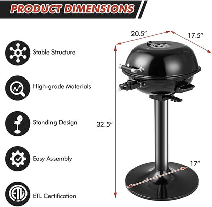 HAPPYGRILL Electric Grill Outdoor, 1600W Barbecue 15-Serving for Indoor & Outdoor Use, Portable Stand BBQ Grill for Cooking Patio Kitchen Garden (Black)