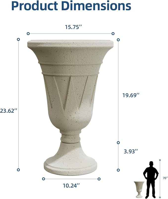 24" Tall Urn Planters for Outdoor Plants, Urns and Pedestal, Beige | Resin HDPE Weather-Resistant Material, Vintage Trophy Design Outdoor Planters with Drainage Holes, Flower Pot/Vase/Porch Door