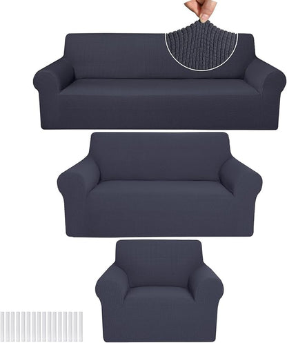 Peryiter 3 Pcs Couch and Loveseat Sofa Covers,Dark Gray,Fleece | Armchair Covers for Living Room, Sofa Cushion Slipcover, Furniture Protector, Polyester and Spandex, Washable