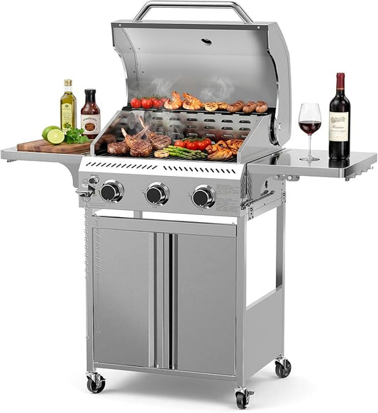 COWSAR 3 Burner Propane Gas Grill, 24,000 BTU Outdoor BBQ Grill with Side Table, Porcelain-Coated Cast Iron Grates, Removable Grease Tray for Backyard Cooking