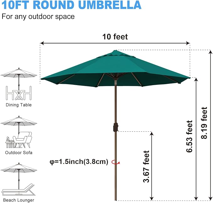 Eurmax USA 10-Year-Non-Fading 10FT Outdoor Patio Market Umbrella,UPF50+ UV Resistant Sun Shade,Heavy Duty Commercial Grade,Crank Lift&Tilt,Windproof Vented Top for Garden,Pool,Deck,Teal