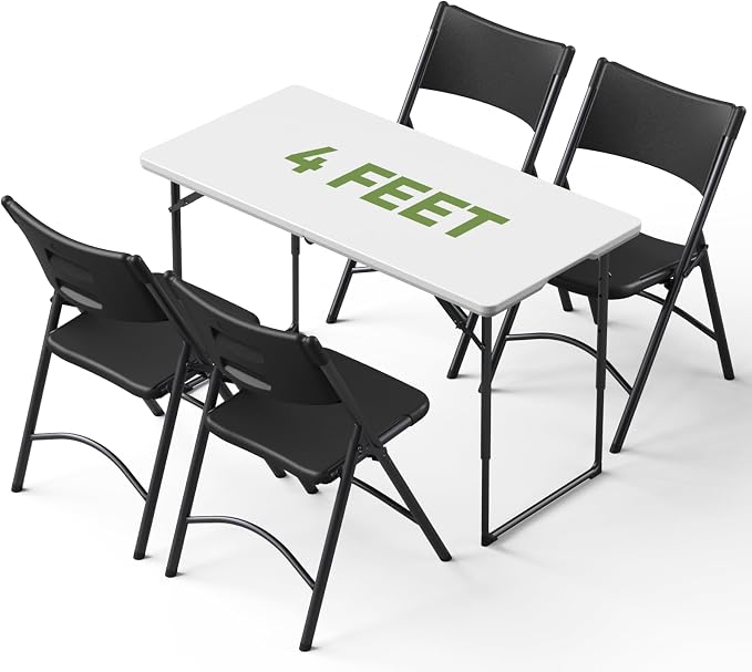 Folding Table and Chairs Set for 4, 4FT Adjustable Height Plastic Folding Table with 4 Foldable Chairs, Portable Folding Table Set for Dining, Party, Wedding, Picnic, Camping, RV Travel
