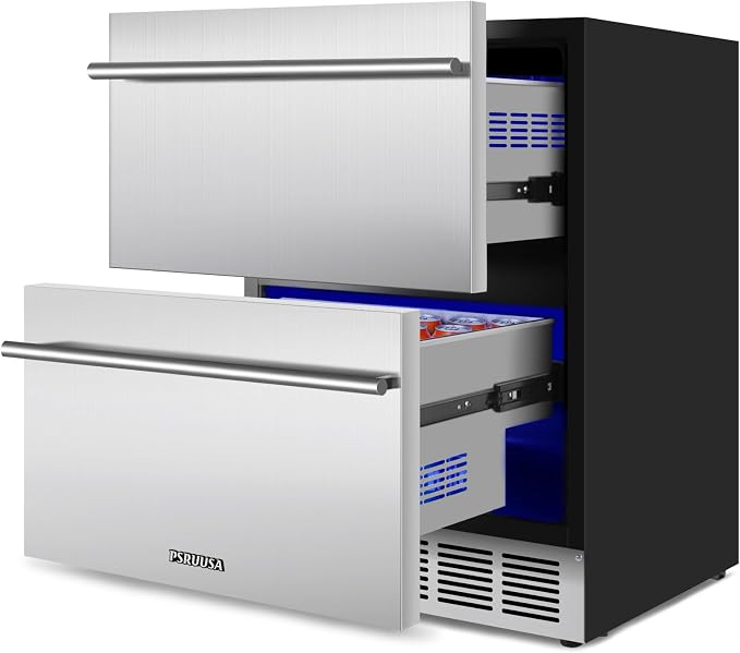24 Inch Outdoor Drawer Refrigerator, 154 Cans Drawer Beverage Fridge, Freestanding or Built-In Outdoor Beverage Refrigerator with Stainless Steel Drawers for Kitchen, Patio, Home Bar