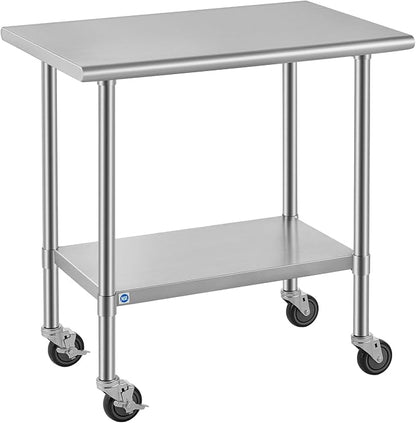 ROCKPOINT All Stainless Steel Prep Table with Caster 24x36 Inch, Commercial Heavy Duty Workbench with Stainless Legs & Adjustable Undershelf, 750 lb Capacity for Outdoor Kitchens with Wheel
