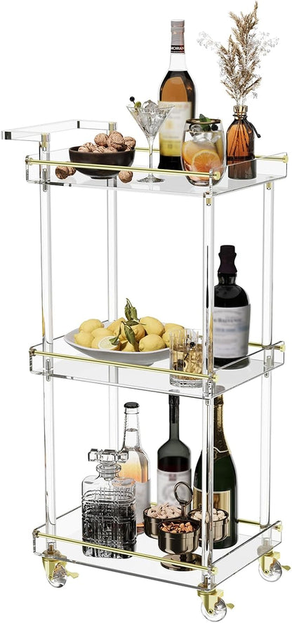 Eglaf Acrylic Bar Cart, Rolling Serving Cart with Gold Edge, Handle | 3 Tier Clear Home Bar Cart Small Bar Cart with Lockable Wheels, for Bar, Living Room, Kitchen, 15.2" L x 11.2" W x 34.2" H