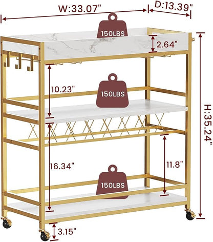 Gold Bar Cart on Wheels for Home with Wine Rack & Glass Holders | 3-Tier, Rolling Serving Cart for liquor, Wine and Beverages, Lockable Mobile Wheels for Home Bars, Faux Marble+ Gold Frame