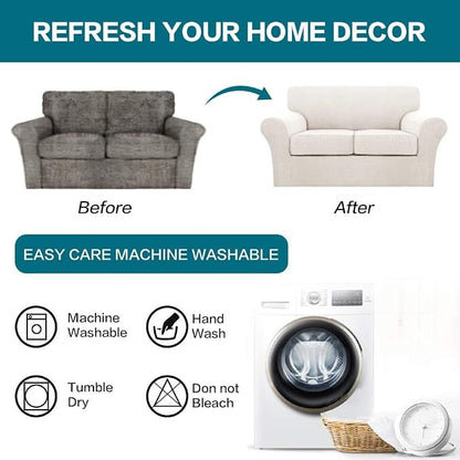 Turquoize 3 Piece Sofa Covers For 2 Cushion Couch Sofa Slipcover Soft Couch Cover For Dogs-Washable Sofa Furniture Covers With 2 Individual Cushion Covers, Feature Thick Fabric (2 Cushion Sofa, Ivory)