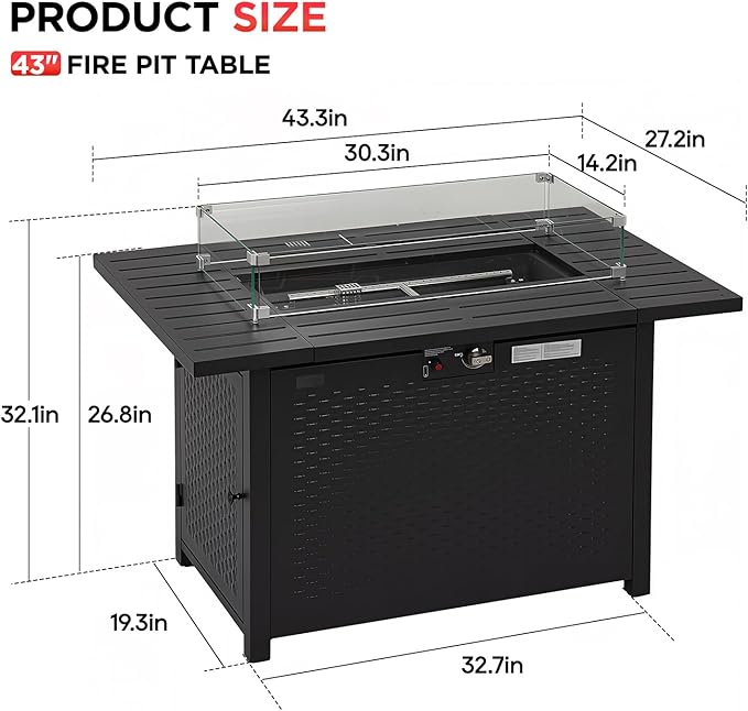 FDW 43 Inch Outdoor Propane Fire Pit Table with Glass Wind Guard, Rectangular Patio Fire Table, 50,000 BTU Smokeless Gas Firepit for Backyard, Garden & Poolside