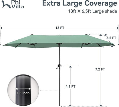 PHI VILLA 13ft Large Patio Umbrellas, Double-Sided Outdoor Market Rectangle Umbrella for Outside, Mint Green