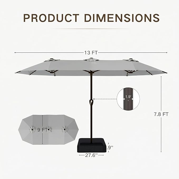 Kingdura 13ft Large Patio Umbrella with Solar Lights, Double-Sided Rectangle Outdoor Table Umbrella with Base Included, 12 Reinforced Ribs, 48 Led Lights, Crank Lift for Market Pool Deck, Light grey