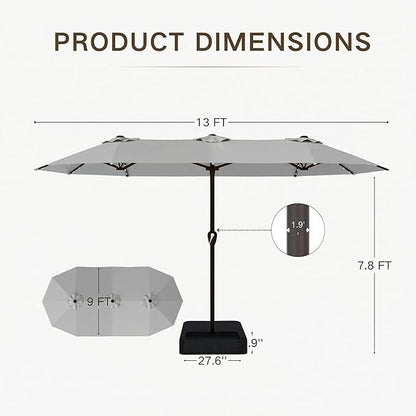 Kingdura 13ft Large Patio Umbrella with Solar Lights, Double-Sided Rectangle Outdoor Table Umbrella with Base Included, 12 Reinforced Ribs, 48 Led Lights, Crank Lift for Market Pool Deck, Light grey