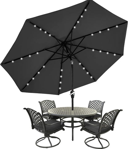 MASTERCANOPY 9FT 8Ribs Patio Umbrella with 32 Solar LED Lights, Outdoor Market Umbrella with Tilt & Crank, UV Protection & Fade Resistant Fabric, Easy Set-Up for Garden, Deck, Pool (Dark Gray)