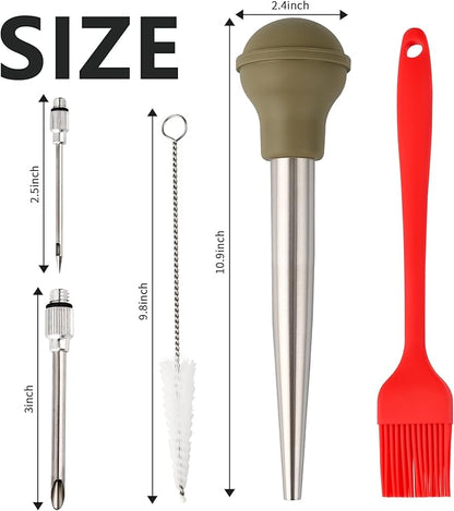Turkey Baster, 18/8 Stainless Steel Turkey Baster Syringe for Cooking, Meat Injector Baster Set with 2 Needles & 2 Cleaning Basting Brush, Baster for Flavor Meat Poultry, Beef&Chicken Green
