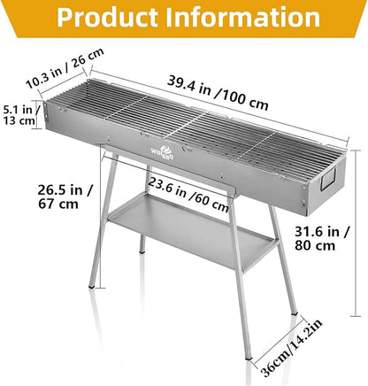 WILLBBQ Charcoal Grill Tailgate Parties, Patio, Beach Barbecues, Backyard Gatherings,Alloy Steel BBQ Barbecue Outdoor Grilling with Durable Support Frame and Dual Adjustable Vents (39.4x10.3x5.1 inch)