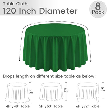8 Pack Green Round Tablecloth 120 Inch | For 4Ft-7Ft Round Table, Wrinkle Resistant Table Cloth, Washable Polyester Fabric, For Wedding Party Banquet Buffet Camping