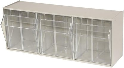 Akro-Mils TiltView Plastic Storage Cabinet with 3 Tilt Out Bins, Horizontal Plastic Parts Organizer, Teacher Toolbox, and Office Supply Organizer, 23-5/8" W x 9-7/16" H x 7-7/8" D, Stone