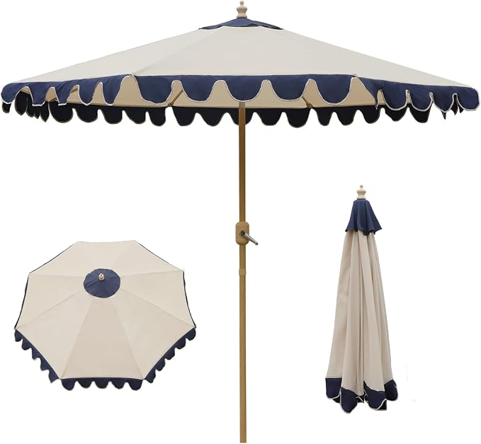 9FT Outdoor Patio Umbrella with Wavy edge,Push-Button Tilt & Easy Crank Lift,Heavy-Duty Metal Frame, 8 Ribs with Ventilated Canopy,UV Protection & Waterproof for Garden,Deck,Pool,Patio Table