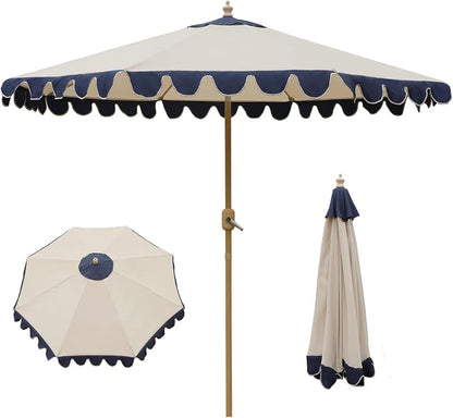 9FT Outdoor Patio Umbrella with Wavy edge,Push-Button Tilt & Easy Crank Lift,Heavy-Duty Metal Frame, 8 Ribs with Ventilated Canopy,UV Protection & Waterproof for Garden,Deck,Pool,Patio Table